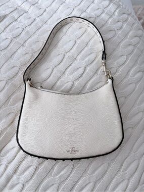 Valentino White Pebbled Leather Shoulder Bag with Black Trim